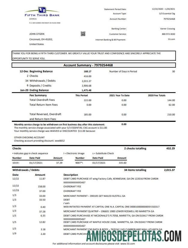 Extrato bancário do quinto terceiro banco imprimível dos EUA, modelo fácil de preencher em formato de arquivo .xls e .pdf